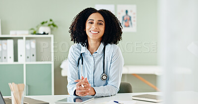 Buy stock photo Tablet, doctor and portrait of black woman with stethoscope for medical wellness, support and health. Clinic, online healthcare and happy person for cardiology, pulmonary service and telehealth