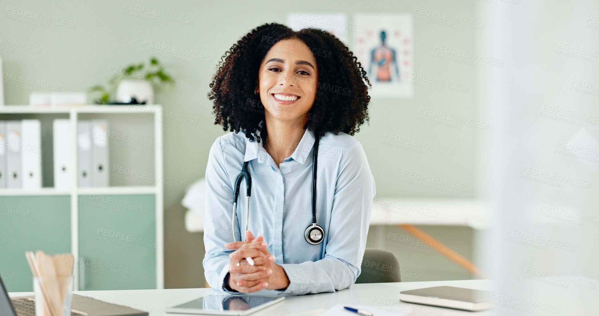 Buy stock photo Tablet, doctor and portrait of black woman with stethoscope for medical wellness, support and health. Clinic, online healthcare and happy person for cardiology, pulmonary service and telehealth