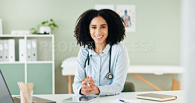 Buy stock photo Clinic, doctor and portrait of black woman with tablet and stethoscope for medical wellness, support and health. Hospital, online healthcare and person for cardiology, pulmonary service or telehealth