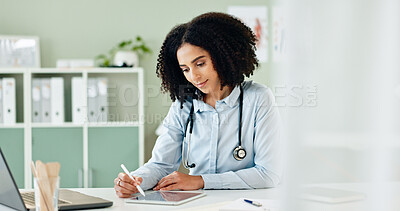 Buy stock photo Doctor, woman and tablet in office for healthcare, telehealth and research on medical treatment with stylus. Medicine, professional and digital tech for test results and health information analysis