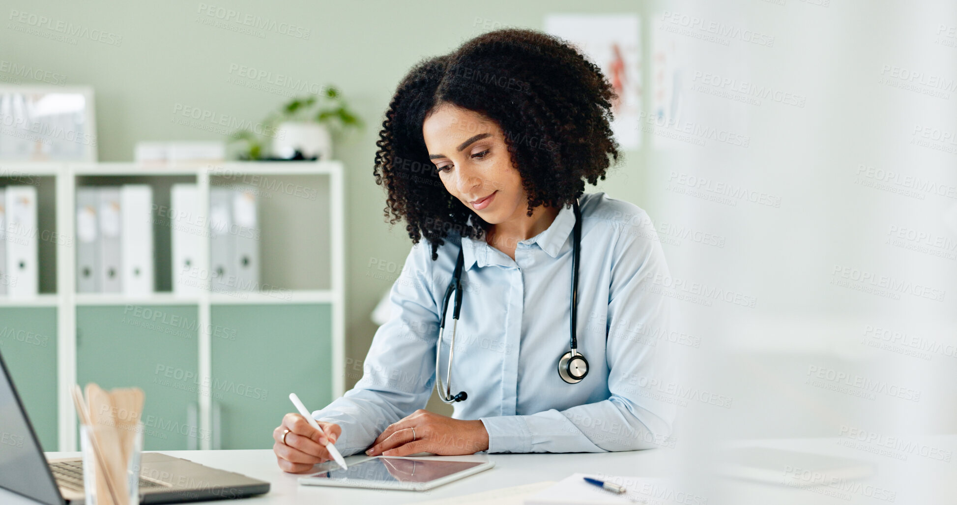 Buy stock photo Doctor, woman and tablet in office for healthcare, telehealth and research on medical treatment with stylus. Medicine, professional and digital tech for test results and health information analysis