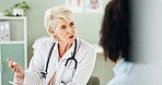 Mature woman, doctor and consultation with patient for prescription, diagnosis or medical results at hospital. Female person talking or consulting client for dosage, advice or procedure at clinic