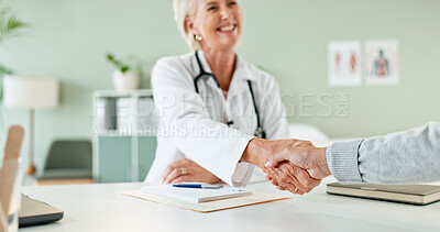 Buy stock photo Happy woman, doctor and handshake with patient for consultation, agreement or checkup at hospital. Female person or medical professional shaking hands with client for meeting, deal or appointment