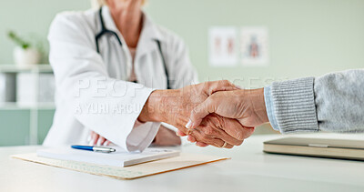 Buy stock photo Person, doctor and handshake with patient for consultation, agreement or checkup at hospital. Closeup of medical professional or employee shaking hands with client for meeting, deal or appointment