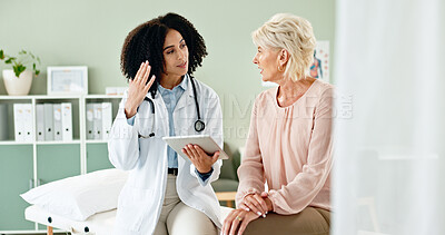 Buy stock photo Woman, doctor and consulting with patient in checkup on tablet for medical results, diagnosis or prescription at hospital. Female person talking to client for consultation, help or advice at clinic