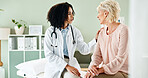Woman, doctor and listening with patient in checkup for medical results, diagnosis or prescription at hospital. Female person talking to client for consultation, help or healthcare advice at clinic