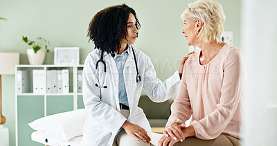 Buy stock photo Woman, doctor and listening with patient in checkup for medical results, diagnosis or prescription at hospital. Female person talking to client for consultation, help or healthcare advice at clinic