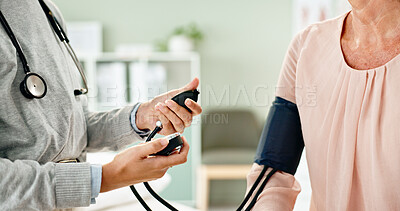 Buy stock photo Blood pressure, healthcare and hands of doctor with patient for consulting, assessment and medical service. Hospital, clinic and people with equipment for diabetes, heart rate or hypertension results