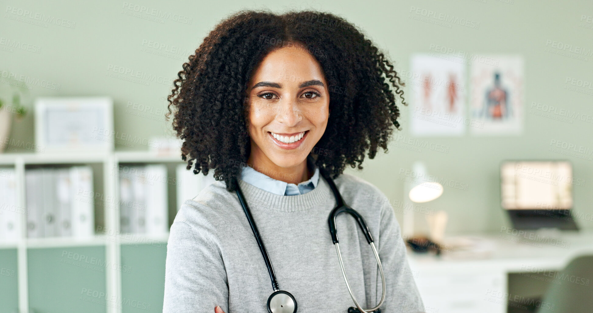 Buy stock photo Clinic, doctor and portrait of black woman with stethoscope for medical career, support and health. Hospital, healthcare and happy person for cardiology consultation, pulmonary service and wellness