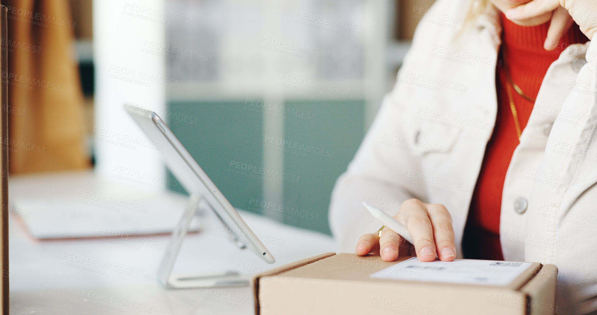 Buy stock photo Hands, business and woman with box, writing and parcel with delivery, industry and entrepreneur. Closeup, professional and worker with cardboard, logistics order and product with stock and package