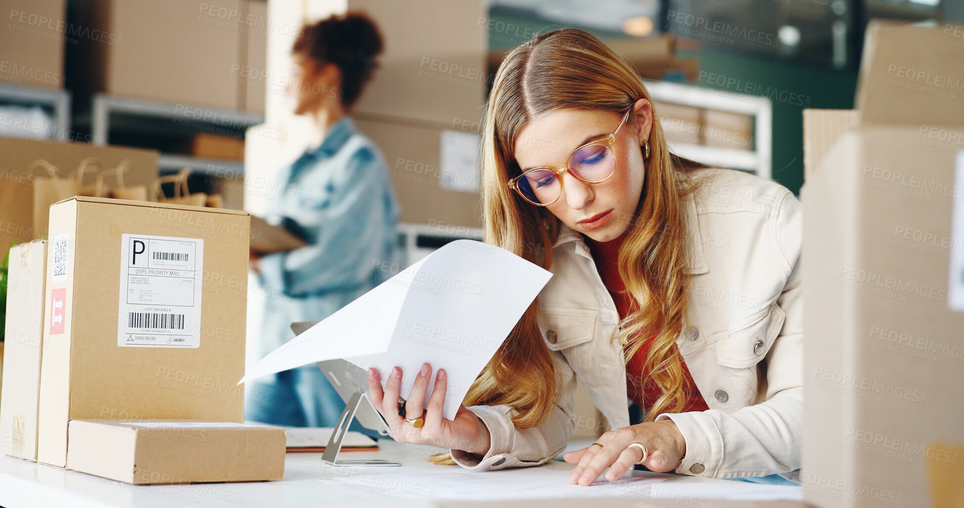 Buy stock photo Documents, business and woman with package, box and parcel with ecommerce, supply chain and entrepreneur. Paperwork, professional and industry with cardboard, logistics order and product with stock