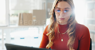 Buy stock photo Woman, research and logistics with laptop for small business, inventory or checking stock at office. Female person or employee working on technology for supply chain, order or monitoring distribution