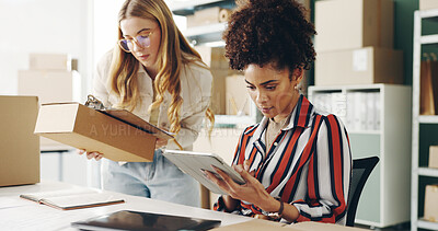 Buy stock photo Women, tablet and teamwork with boxes, package and e commerce checklist for online shop, stock or supply chain. Young people with small business and digital tech or clipboard for logistics and order