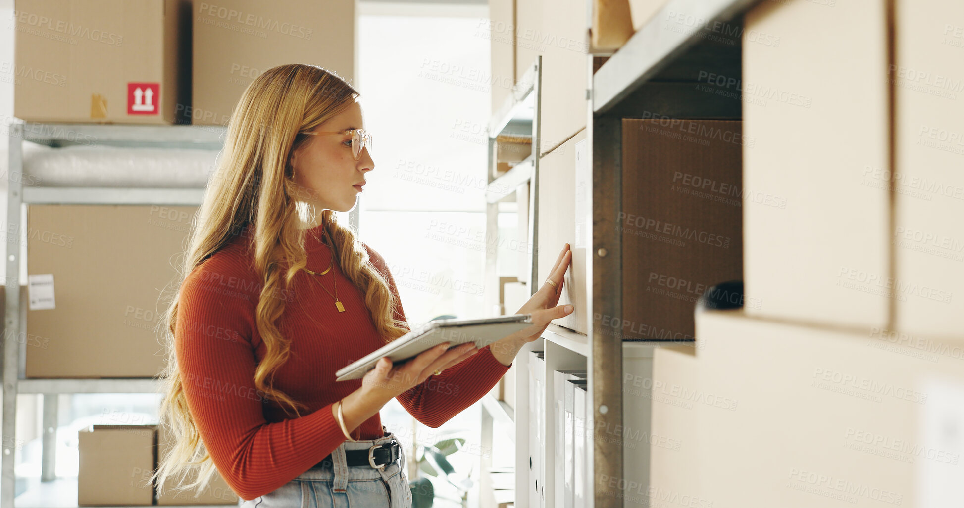 Buy stock photo Business woman, tablet and reading on package for e commerce service, logistics or stock inventory. Entrepreneur or seller with digital checklist for online shop, invoice or barcode by boxes on shelf