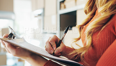 Buy stock photo Logistics, package and person hands with clipboard for stock inventory and shelf management by shelf. Small business entrepreneur writing of checklist for supply chain, shipping and product courier