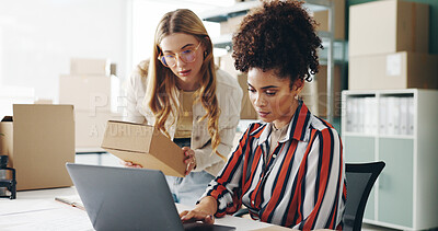 Women, laptop and box at startup, together and check inventory for order, stock or product code in workshop. People, partner and computer with reading, admin and logistics for e commerce distribution