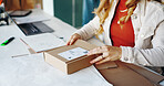 Hands, business and woman with package, box and parcel with ecommerce, delivery and entrepreneur. Closeup, professional and worker with cardboard, logistics order and product with industry and stock