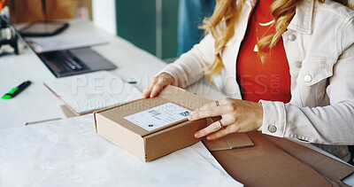 Buy stock photo Hands, business and woman with package, box and parcel with ecommerce, delivery and entrepreneur. Closeup, professional and worker with cardboard, logistics order and product with industry and stock