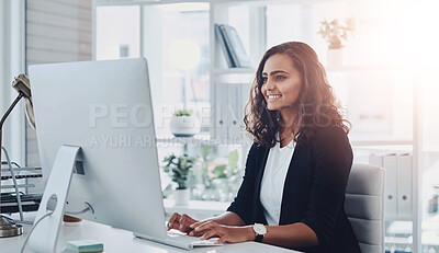 Buy stock photo Business woman, working and computer in office with ux designer and social media update with smile. Happy, employee and seo upgrade for company website with creative research for project with tech