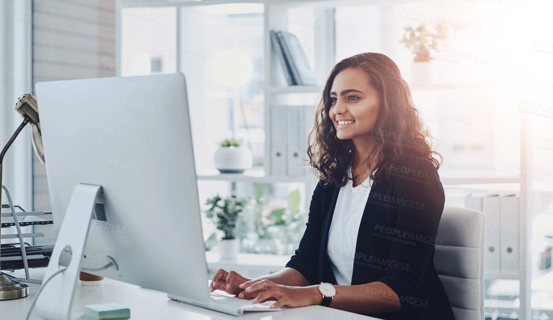 Buy stock photo Business woman, working and computer in office with ux designer and social media update with smile. Happy, employee and seo upgrade for company website with creative research for project with tech