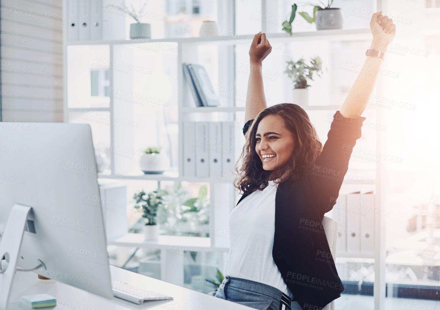 Buy stock photo Happy woman, computer and celebration with good news, winning or completion at office. Excited female person, employee or winner with smile on technology for victory, promotion or done at workplace