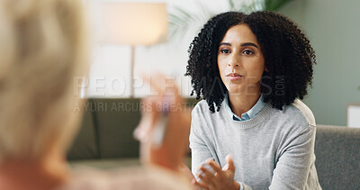 Buy stock photo Mental health, counseling and woman in consultation with psychologist for advice, support and comfort for depression. Psychology, help or patient with therapist for anxiety, stress or healing therapy