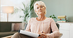 Psychology, therapy and portrait of mature woman for counseling, consulting and listen. Mental health, psychologist and person with notes for diagnosis for medical service, rehabilitation and support