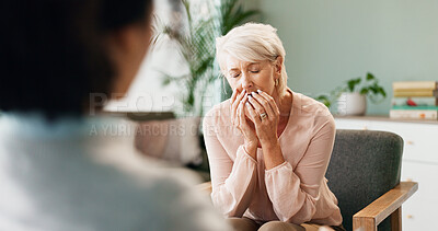 Buy stock photo Psychology, stress and old woman with psychologist in consultation for help, mind and mental health evaluation. Trauma, memory or patient remember ptsd trauma with therapist for depression or anxiety