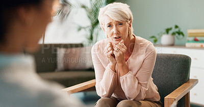 Buy stock photo Psychology, depression and old woman with psychologist in consultation for help, mind and mental health evaluation. Trauma, support or sad client with therapist for stress, anxiety or ptsd disaster