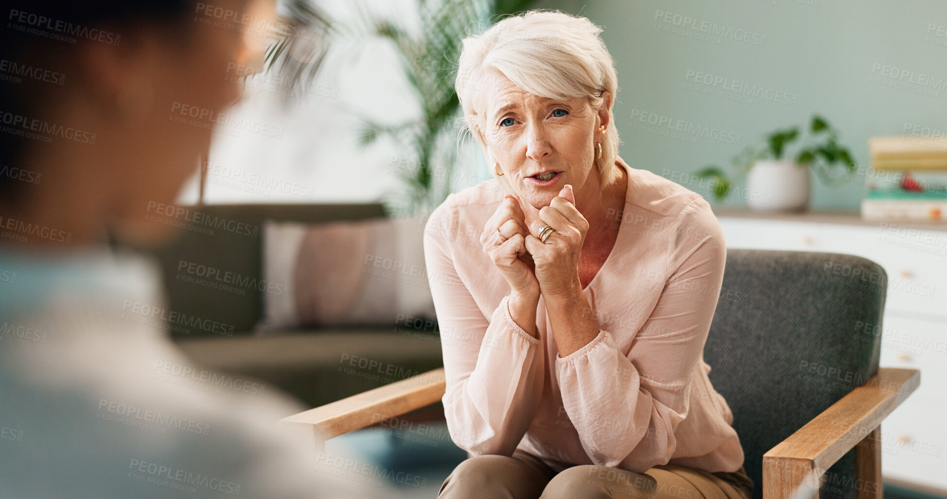 Buy stock photo Psychology, depression and old woman with psychologist in consultation for help, mind and mental health evaluation. Trauma, support or sad client with therapist for stress, anxiety or ptsd disaster