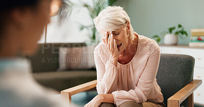 Buy stock photo Depression, psychology or old woman crying with psychologist in consultation office for mind, evaluation or assessment. Help, stress or sad patient with counseling therapist, help or divorce support 