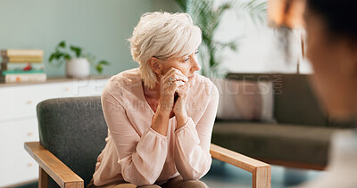 Buy stock photo Depression, psychology or old woman thinking with psychologist in consultation office for mind, evaluation or assessment. Help, stress or sad client with therapist for counseling, help or ptsd trauma