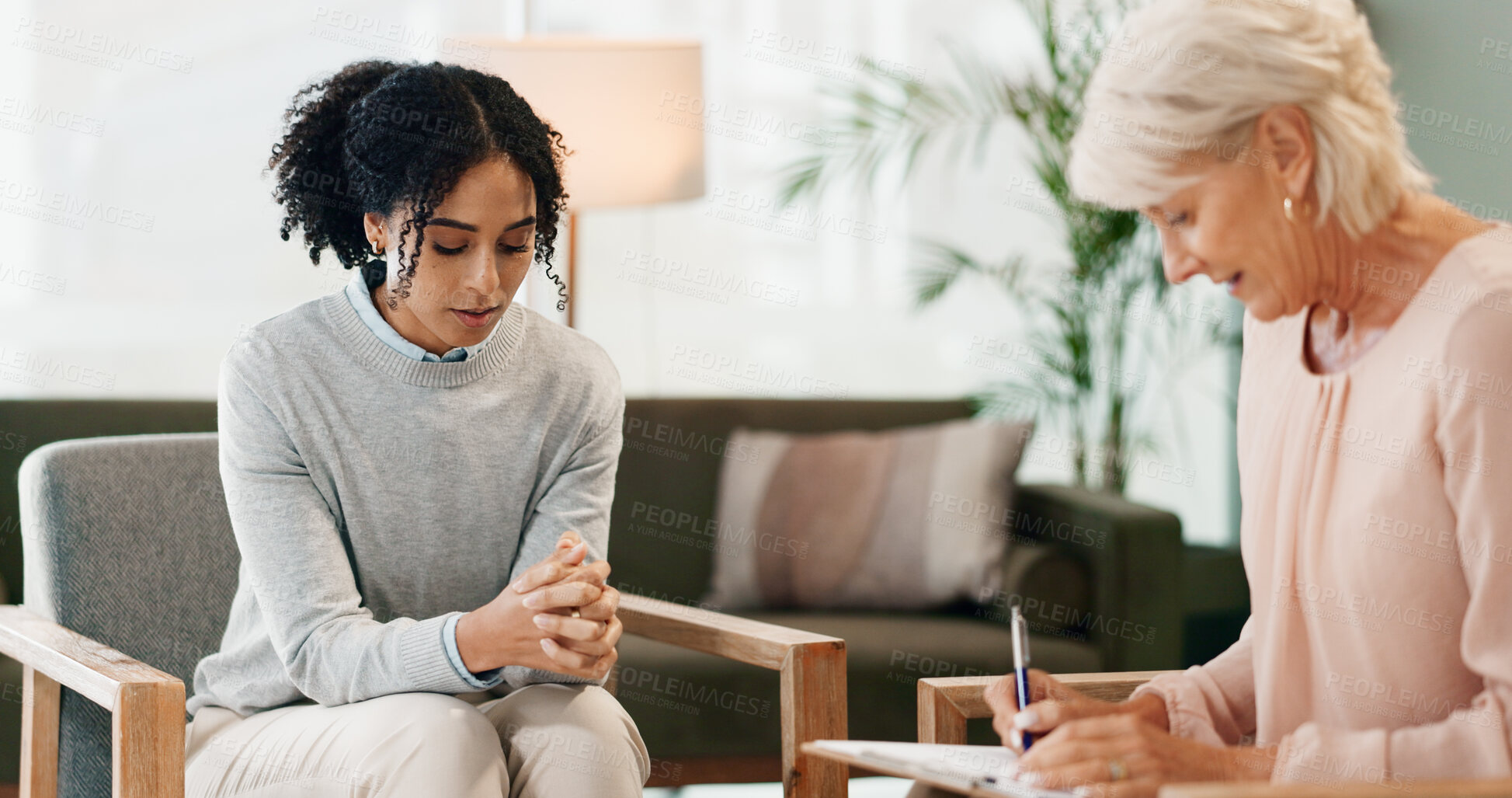 Buy stock photo Psychology, therapist and writing or counseling with patient in consultation for mental health support and therapy. Psychologist, people and expert advice for depression, anxiety and career stress