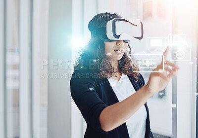 Buy stock photo Business woman, vr and headset with hologram for virtual interaction, engagement or futuristic development at office. Female person or employee with future technology, touch or icons for innovation