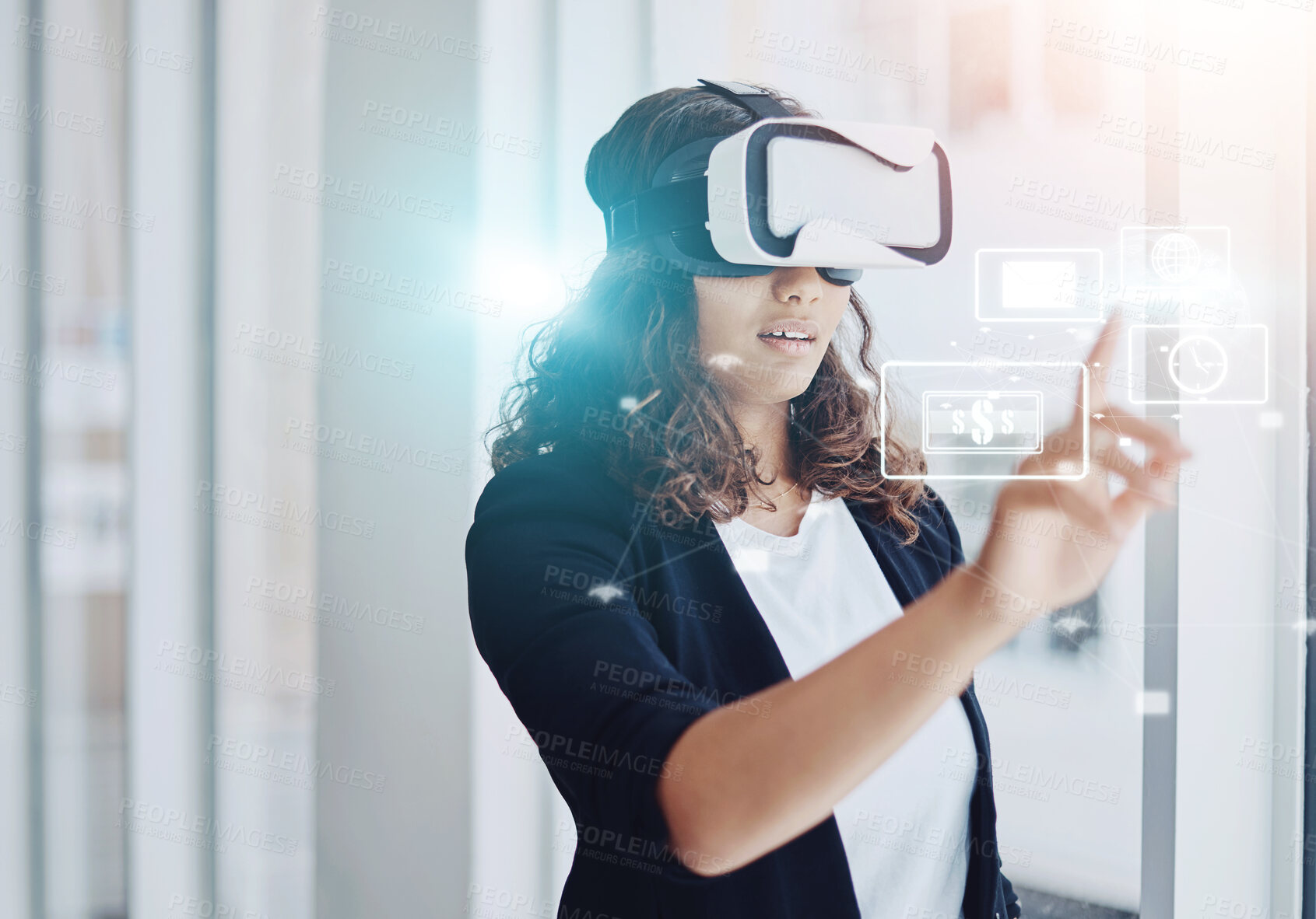 Buy stock photo Business woman, vr and headset with hologram for virtual interaction, engagement or futuristic development at office. Female person or employee with future technology, touch or icons for innovation