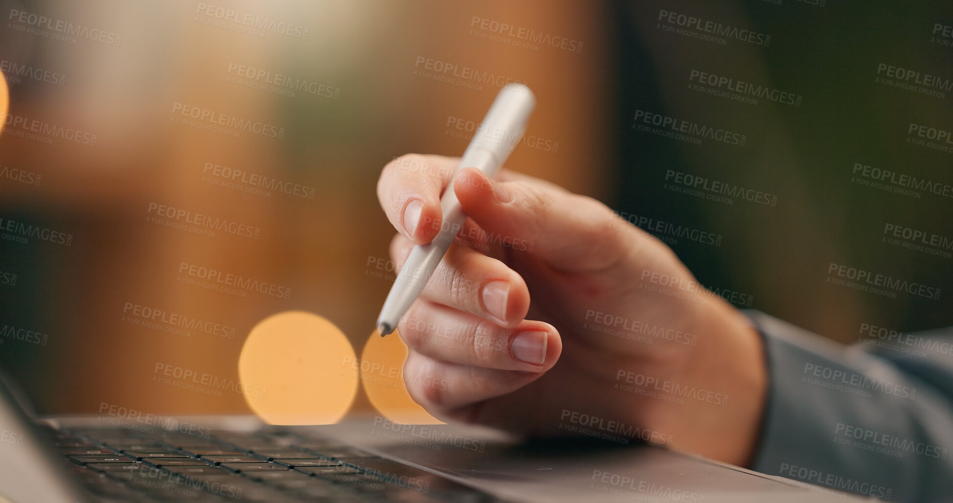 Buy stock photo Person, hands and search laptop with pen for writing, research and internet browsing for business new. Woman, technology and online for networking or industry trends, product development and sales.