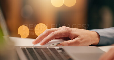 Buy stock photo Person, hands and search laptop with mouse for working, research and internet browsing for business news. People, technology and online for communication or industry trends and product development.