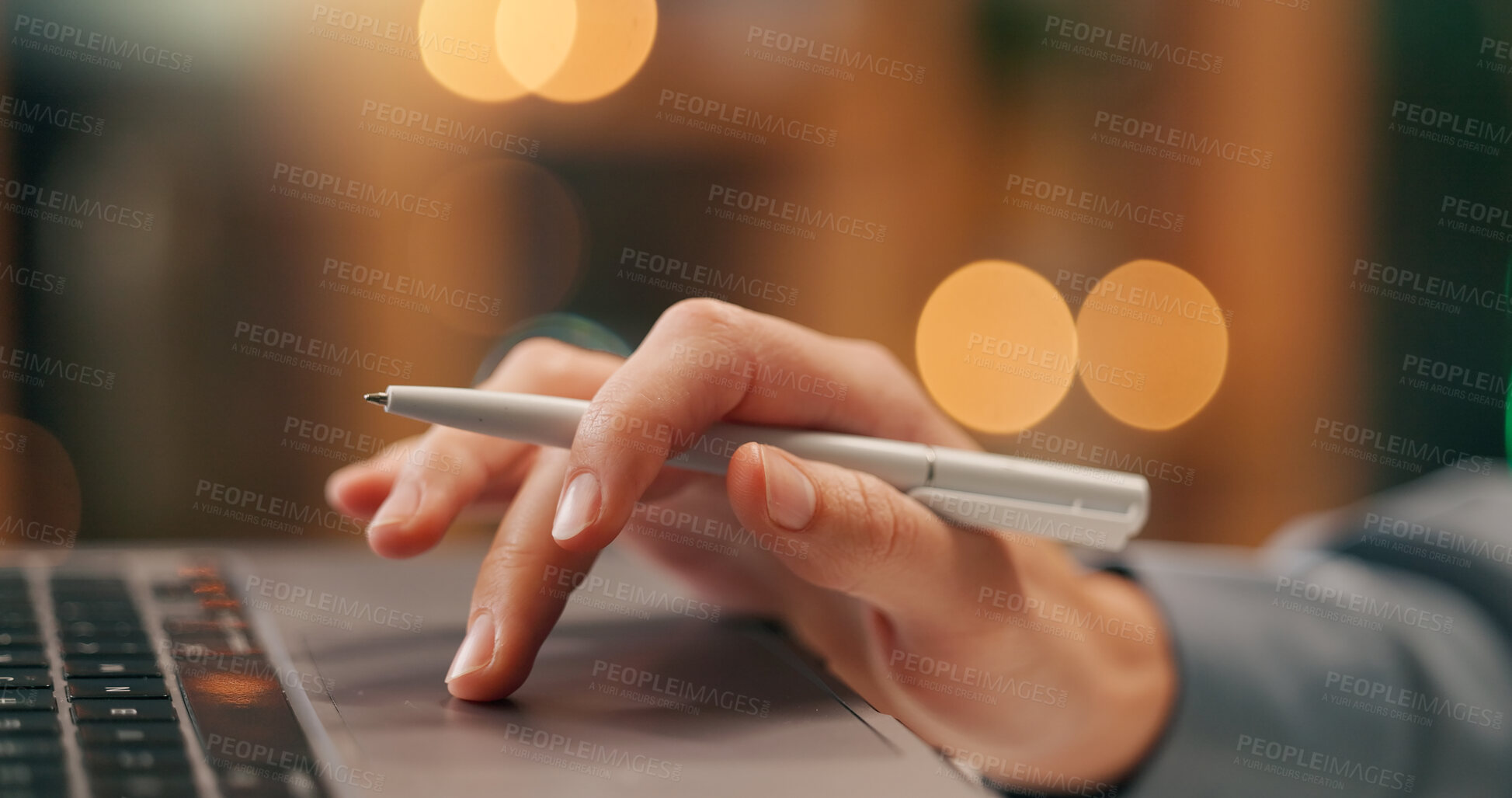 Buy stock photo Person, hands and scroll laptop with pen for writing, research and internet browsing for business new. Woman, technology and online for networking or industry trends, product development and sales.