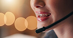 Business, woman and microphone with mouth talking, online client and call center with communication tech. Customer service, help and advice with telecom employee, FAQ and telemarketing or hotline