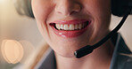 Business, woman and microphone with mouth smile, online client and call center with communication tech. Customer service, help and advice with telecom employee, FAQ and telemarketing support
