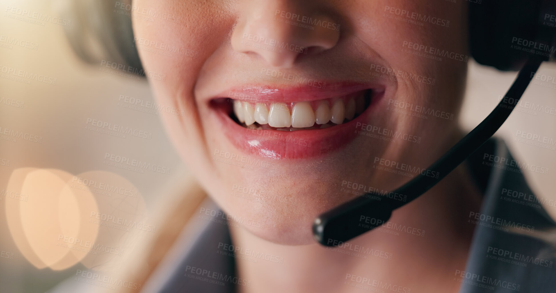 Buy stock photo Business, woman and microphone with mouth smile, online client and call center with communication tech. Customer service, help and advice with telecom employee, FAQ and telemarketing support
