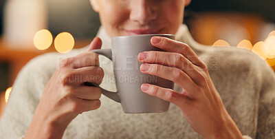 Buy stock photo Drinking, hands and woman with cup of coffee for relaxing, calm and peace in morning on weekend. Zen, caffeine and female person enjoying warm beverage of latte or cappuccino with bokeh at home.