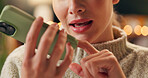 Woman, smartphone and home speaking for voice note, recording and speaker or mic on mobile app or tech. Phone call, communication and audio message in apartment, voicemail and speech conversation