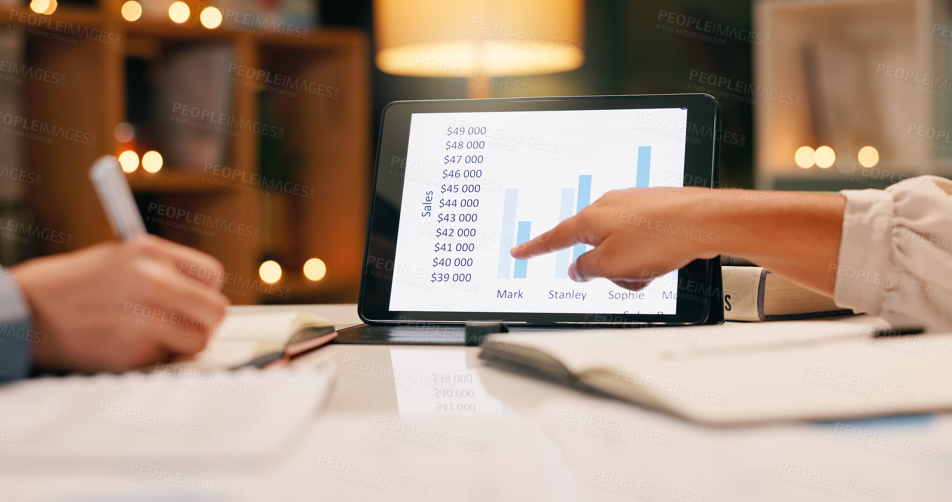 Buy stock photo Tablet, hands and meeting in office with chart, statistics and results for sales on table. Technology, people and data on screen for comparison, information and discussion for finance in company