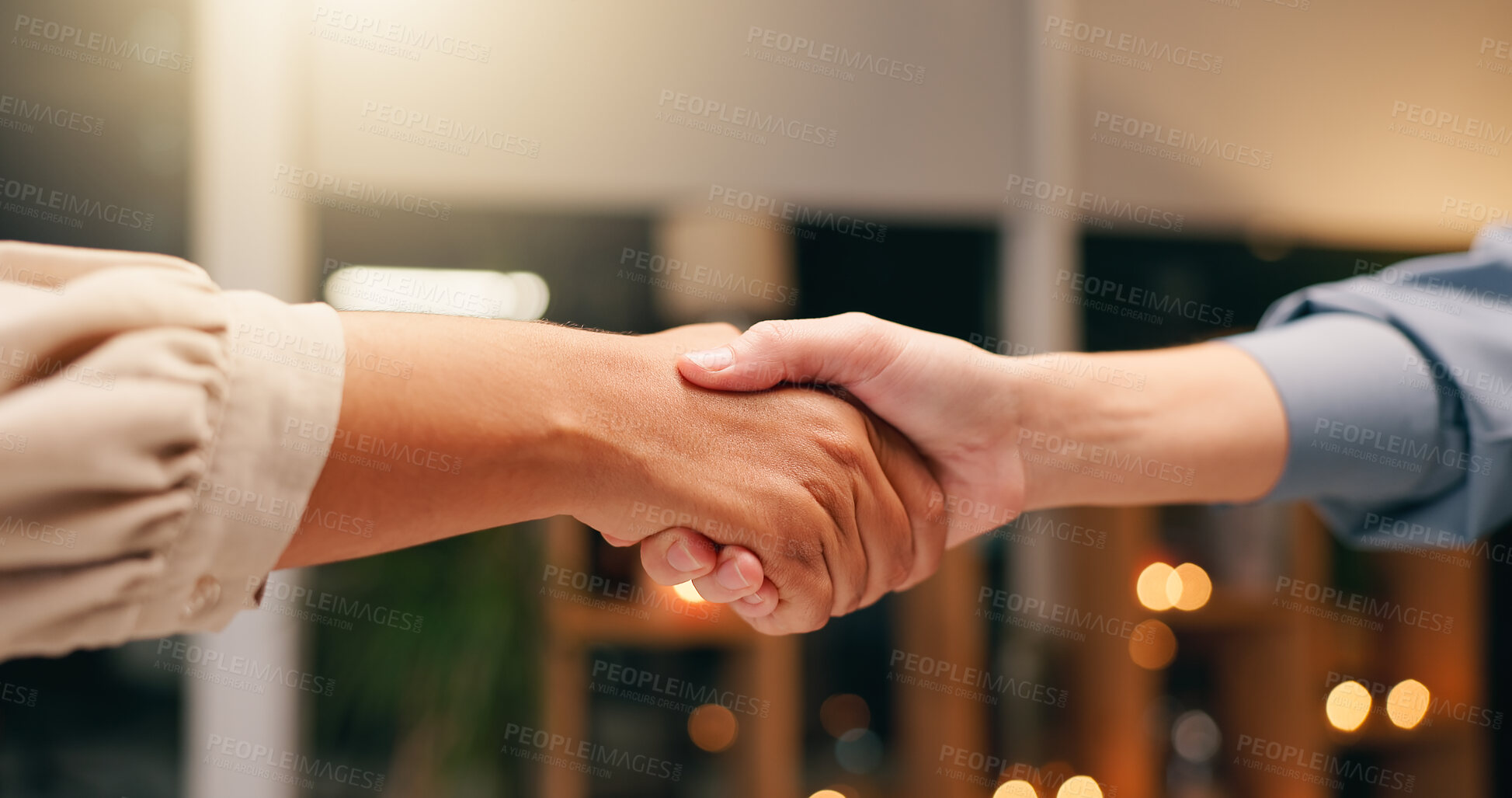 Buy stock photo Business, people and handshake in workplace with hands, b2b and partnership agreement or professional collaboration. Welcome, meeting and onboarding cooperation with employee, hello and negotiation