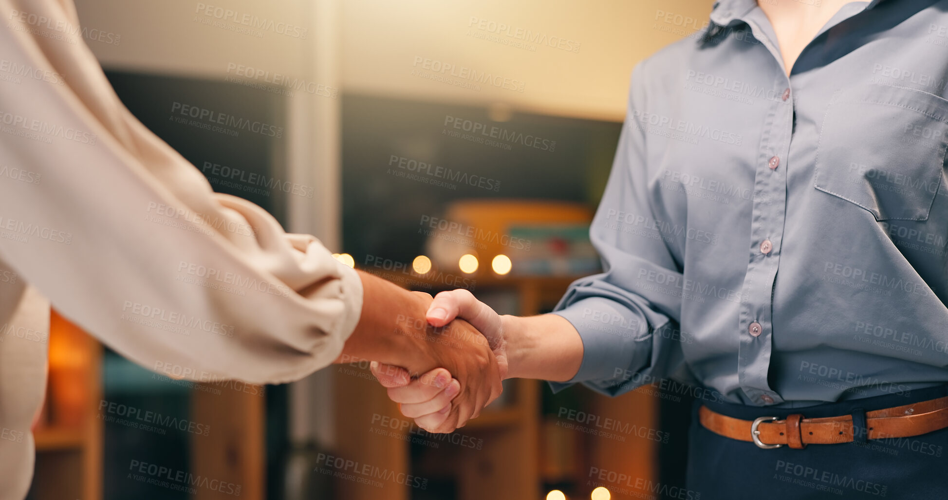 Buy stock photo Business, people and handshake in office with hands, b2b and partnership agreement or professional collaboration. Partner, meeting and onboarding cooperation with employee, hello and welcome gesture