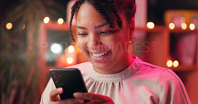 Buy stock photo Phone, happy and woman with internet in home for social media, online update or reading text message. Neon, female person and communication with technology at night, networking and notification