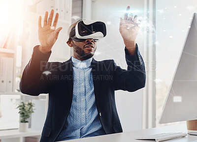 Buy stock photo Black man, vr headset and business hologram in office, cyberspace and project for global connection. Male person, user interface and glasses for simulation, networking innovation and creative system