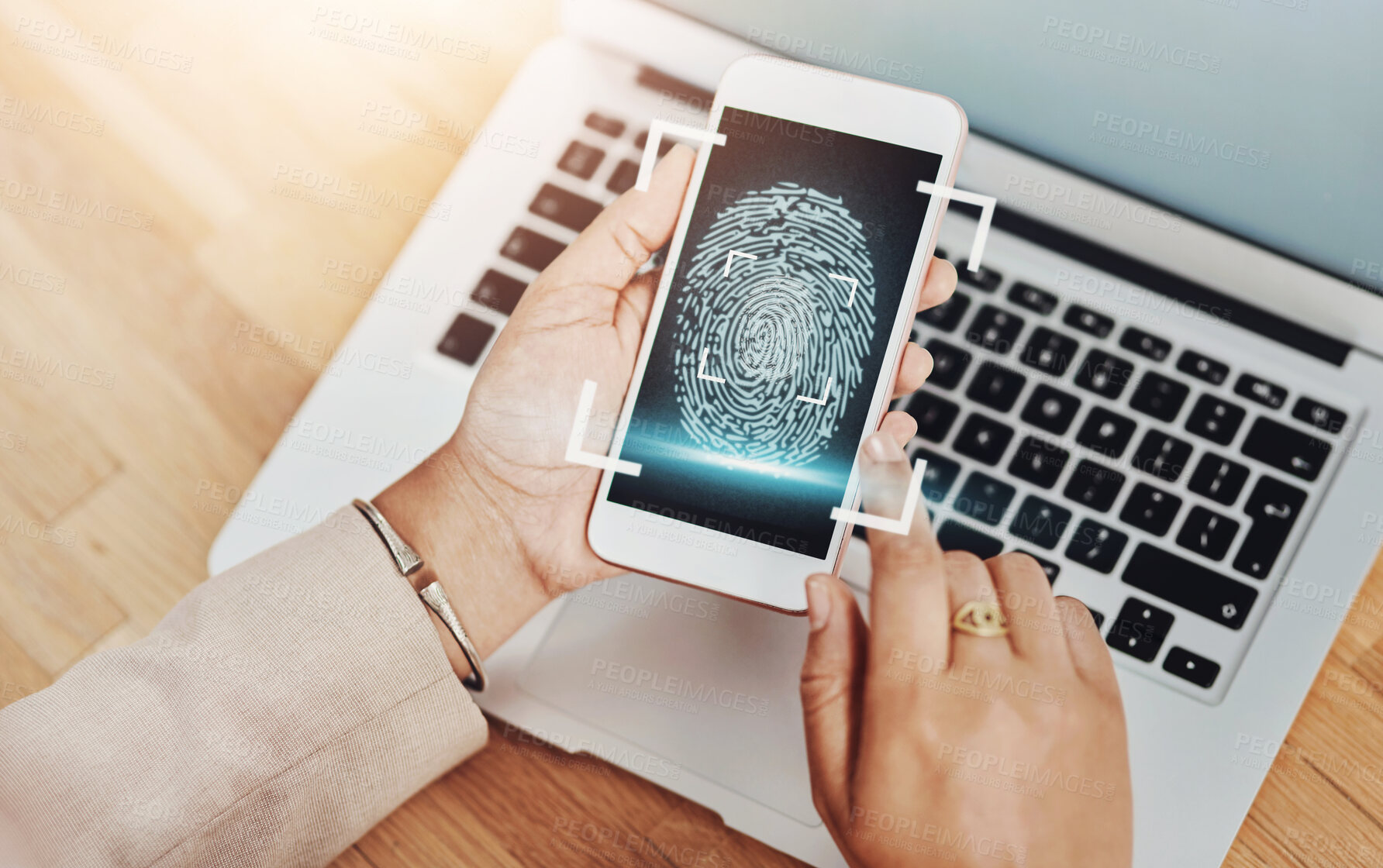 Buy stock photo Fingerprint, phone and hands with biometric for verify app and office cybersecurity with identity scan for protection. Person, online access and tech for futuristic data security and digital overlay