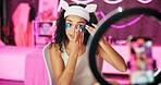 Woman, content creator and ring light for recording, cosmetics influencer and live streaming in studio. Smartphone, beauty and tutorial for eye mask on social media, vlogger person for online webcam